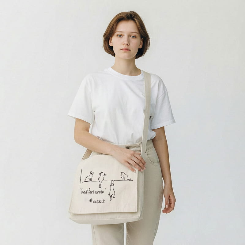 Eğlenceli Kedi Tasarımlı Postacı Çantası