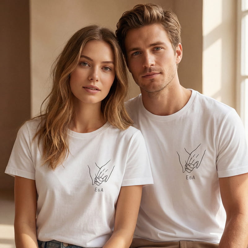 El Ele Tutuşan Aşıklar İsme Özel Sevgili Tişört Kombini - %100 Pamuklu Kumaş