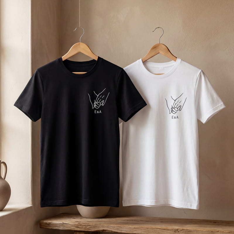 El Ele Tutuşan Aşıklar İsme Özel Sevgili Tişört Kombini - %100 Pamuklu Kumaş