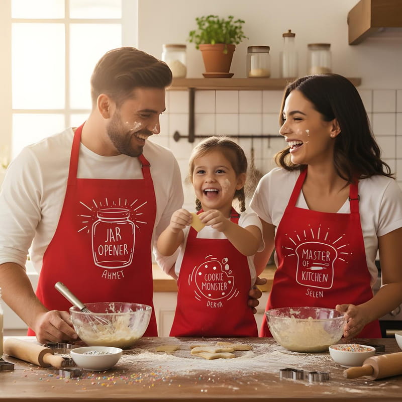 Esprili İsme Özel 3'lü Aile Mutfak Önlüğü Kombini