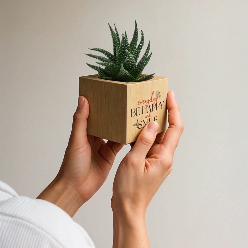 Everyday Be Happy And Smile Tasarımlı Ahşap Saksılı Sukulent
