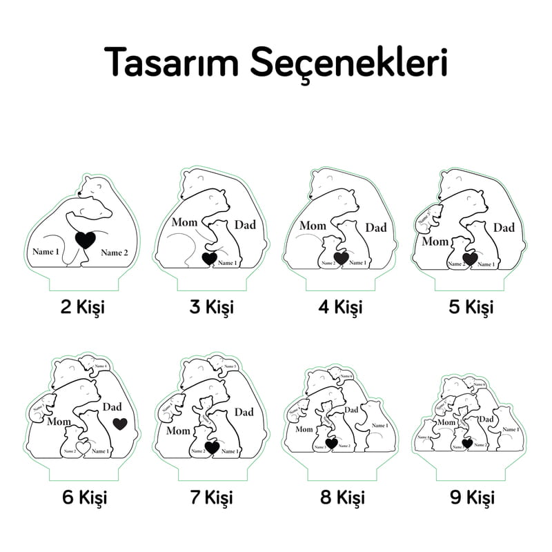Family Bear Kişiye Özel Tasarımlı Led Gece Lambası - Kişi Seçenekli