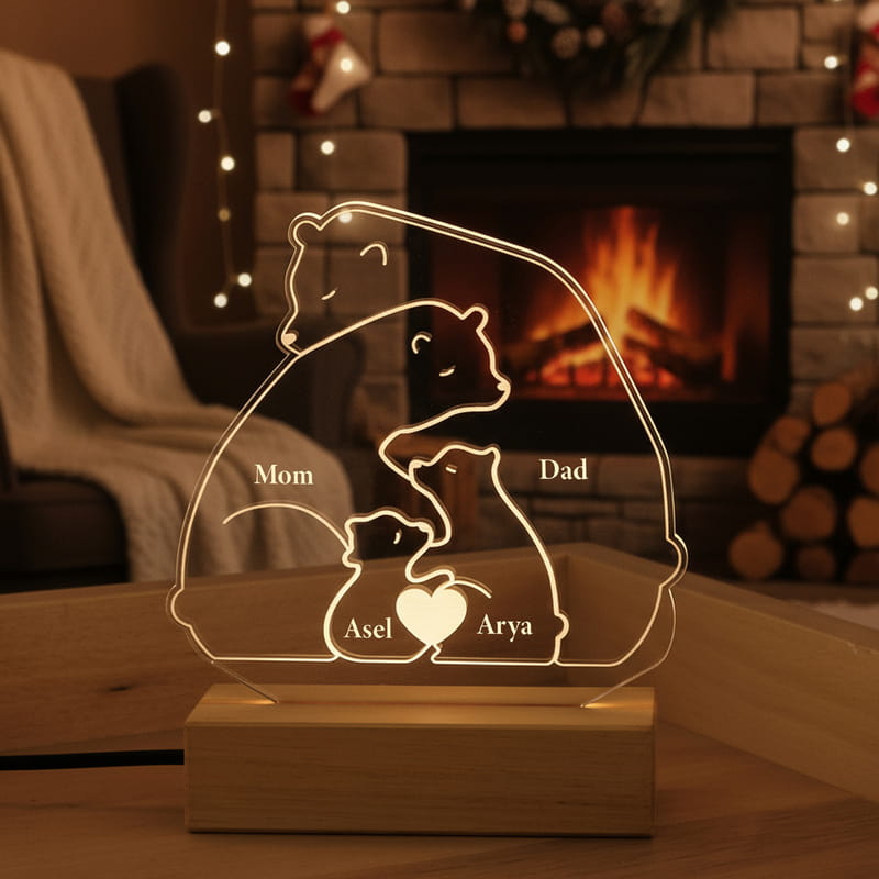 Family Bear Kişiye Özel Tasarımlı Led Gece Lambası - Kişi Seçenekli