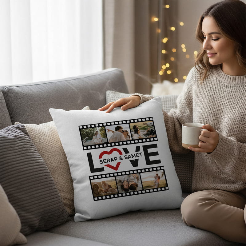 Film Şeridi Tasarımlı Sevgiliye Hediye İsim Yazılı Kırlent Yastık