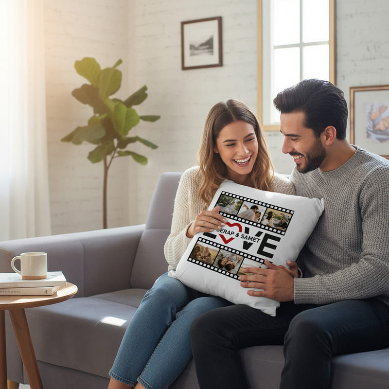 Film Şeridi Tasarımlı Sevgiliye Hediye İsim Yazılı Kırlent Yastık