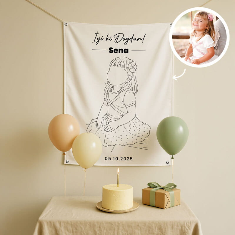 Fotoğraf & İsimli Line Art Doğum Günü Posteri - 70 x 95 cm
