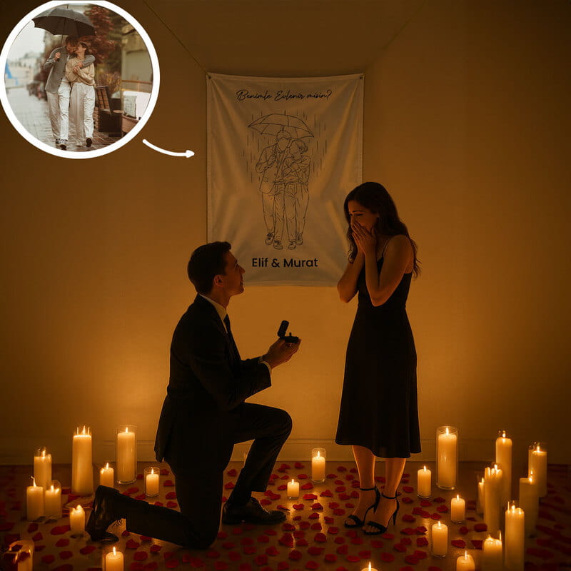Fotoğraflı Line Art Benimle Evlenir misin Pankartı - 45 x 70 cm