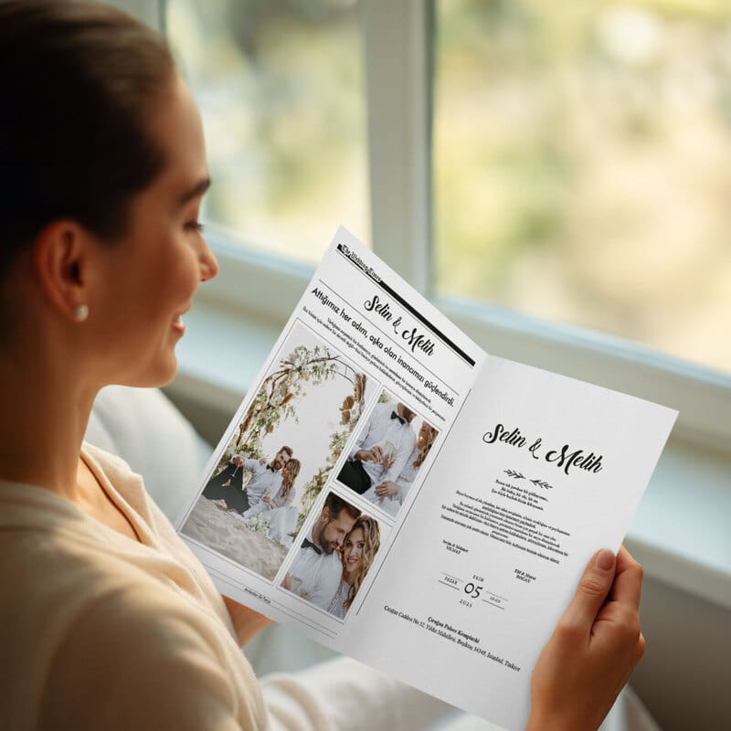 Gazete Tasarımlı Hatıralık Düğün Davetiyesi