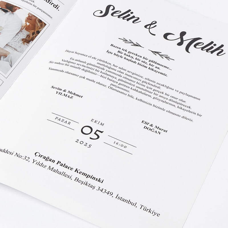 Gazete Tasarımlı Hatıralık Düğün Davetiyesi