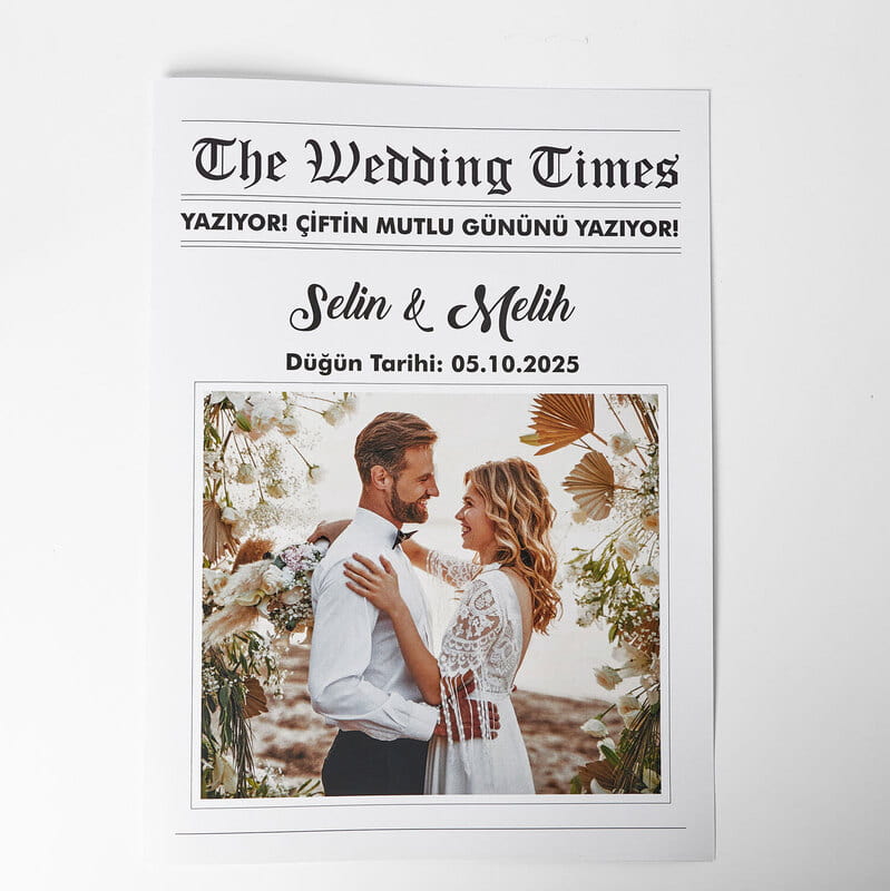 Gazete Tasarımlı Hatıralık Düğün Davetiyesi