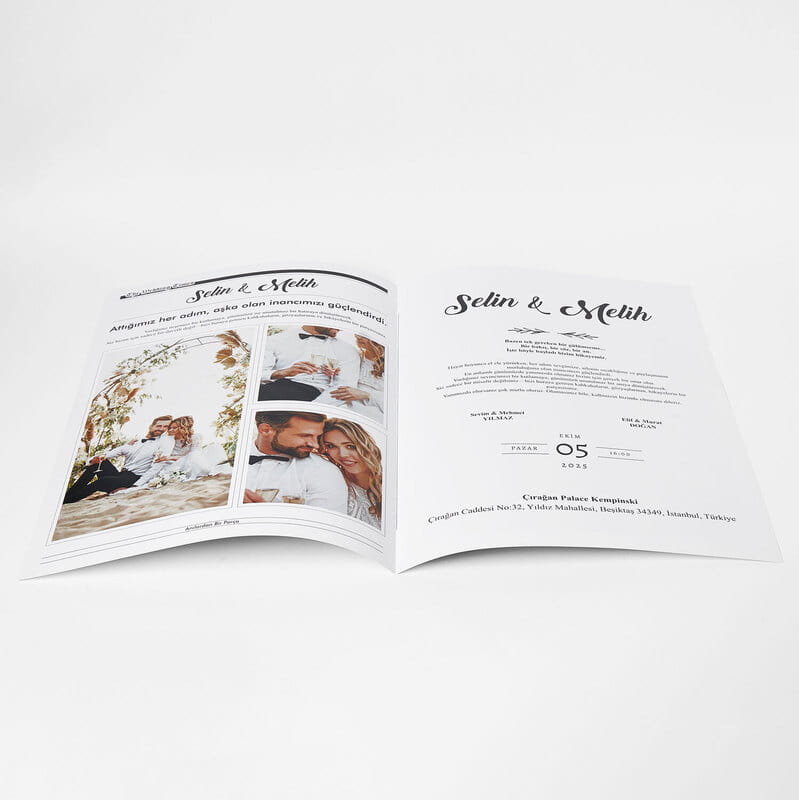 Gazete Tasarımlı Hatıralık Düğün Davetiyesi