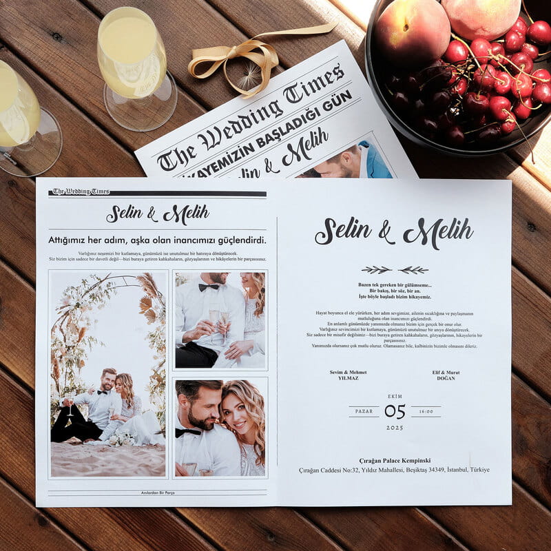 Gazete Tasarımlı Hatıralık Düğün Davetiyesi