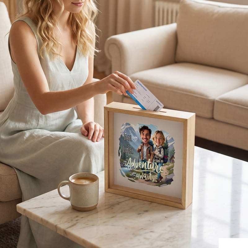 Gezgin Çiftlere Özel Karikatür Tasarımlı Bilet Birikim Kumbarası