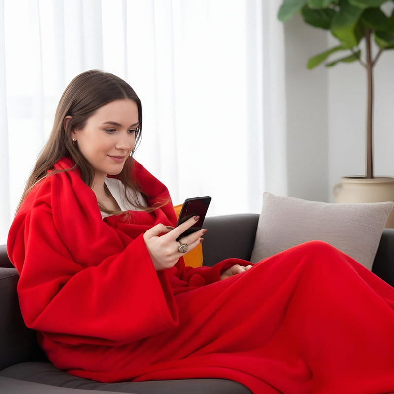 Giyilebilir Kollu Kırmızı Polar Battaniye - Tek Kişilik TV Battaniyesi