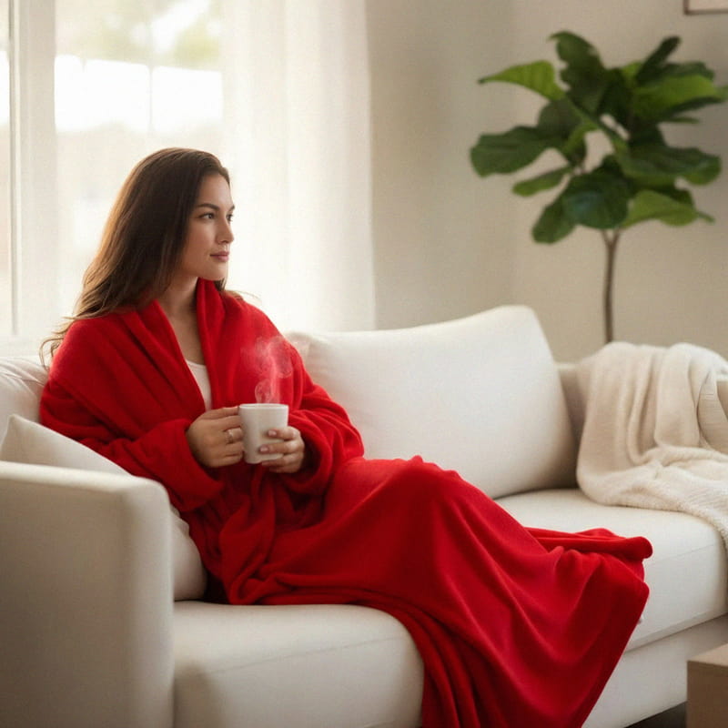 Giyilebilir Kollu Kırmızı Polar Battaniye - Tek Kişilik TV Battaniyesi
