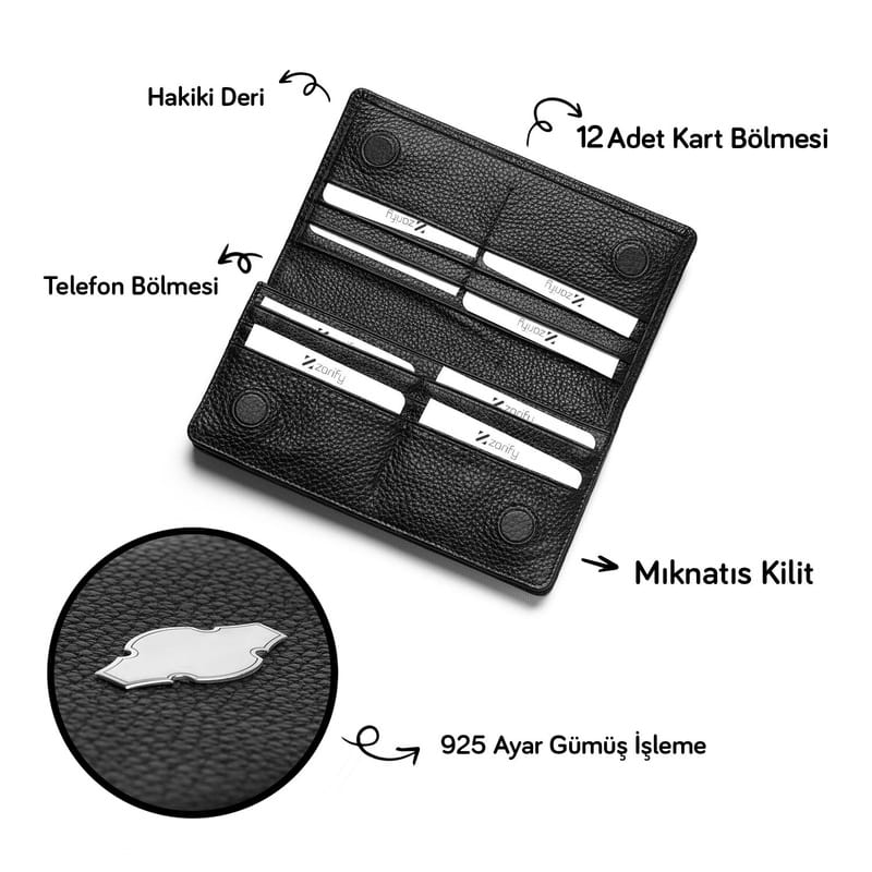 Gümüş Harf İşlemeli Telefon Bölmeli Unisex Deri Cüzdan