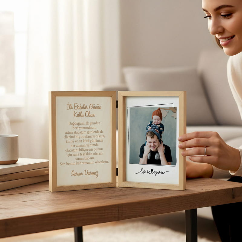 İlk Babalar Günü Hatırası Kapaklı Ahşap Fotoğraf Çerçevesi