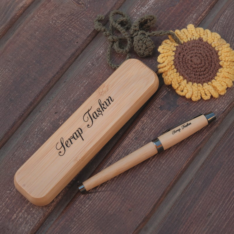 İsim Yazılı Bambu Kutulu Kalem Seti