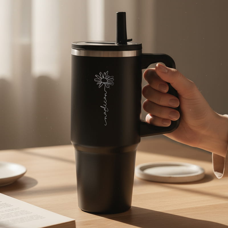 İsim Yazılı Siyah Çelik Termos Kupa