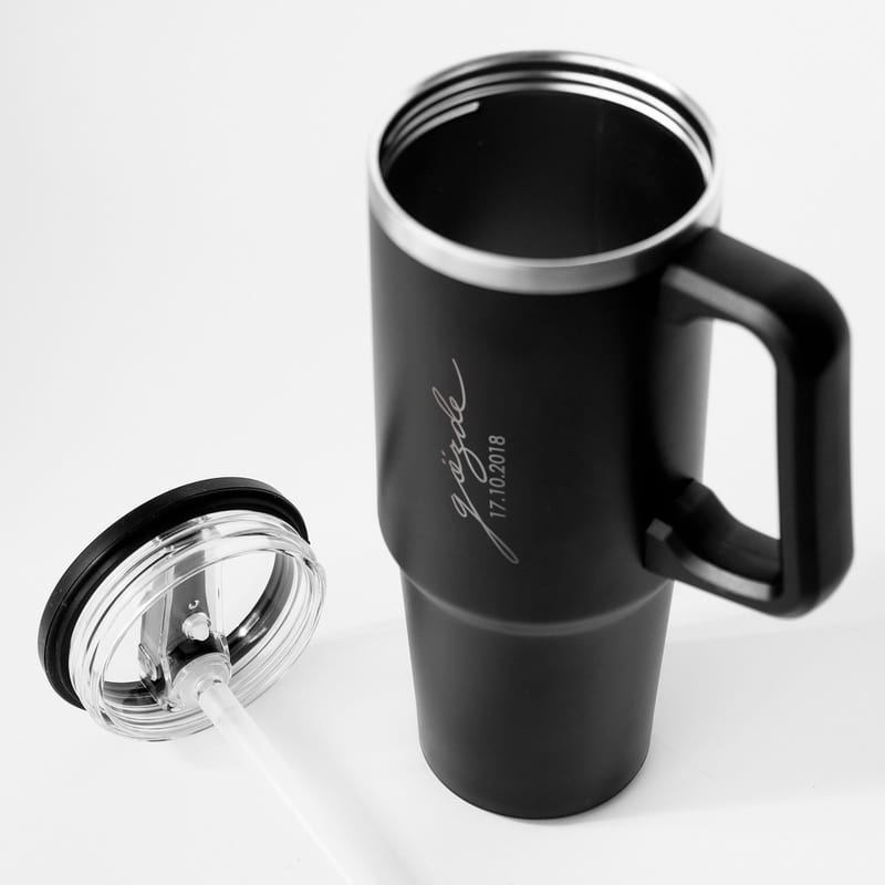 İsim Yazılı Siyah Çelik Termos Kupa