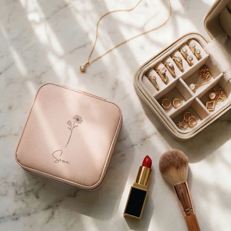 İsimli Doğum Çiçeği Tasarımlı Takı Çantası