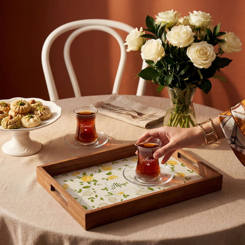 İsme Özel Çiçekli 2’li Çay Bardağı ve Ahşap Sunum Tepsisi