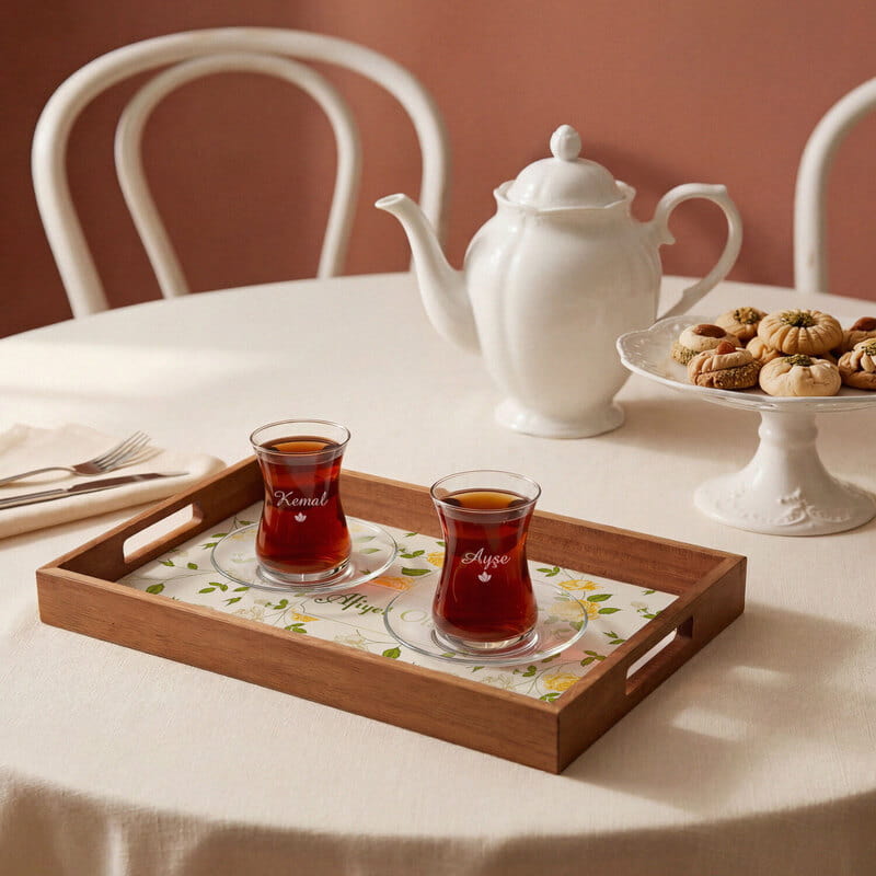 İsme Özel Çiçekli 2’li Çay Bardağı ve Ahşap Sunum Tepsisi