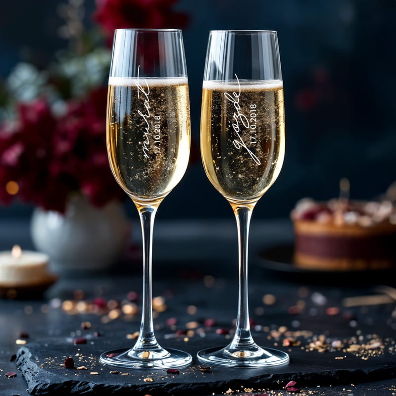 İsme Özel İmza Stilli Şampanya Kadeh Seti