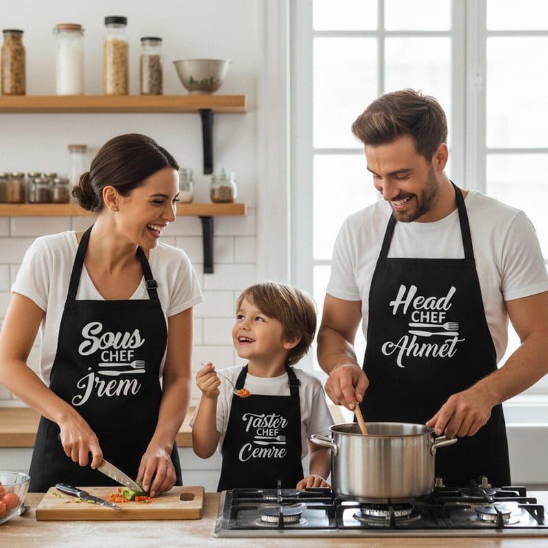 İsme Özel Üçlü Aile Mutfak Önlüğü Kombini