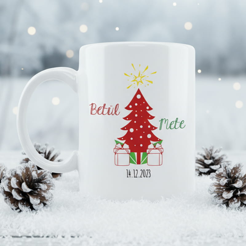 İsme Özel Yılbaşı Çam Ağacı Tasarımlı Porselen Kupa Bardak