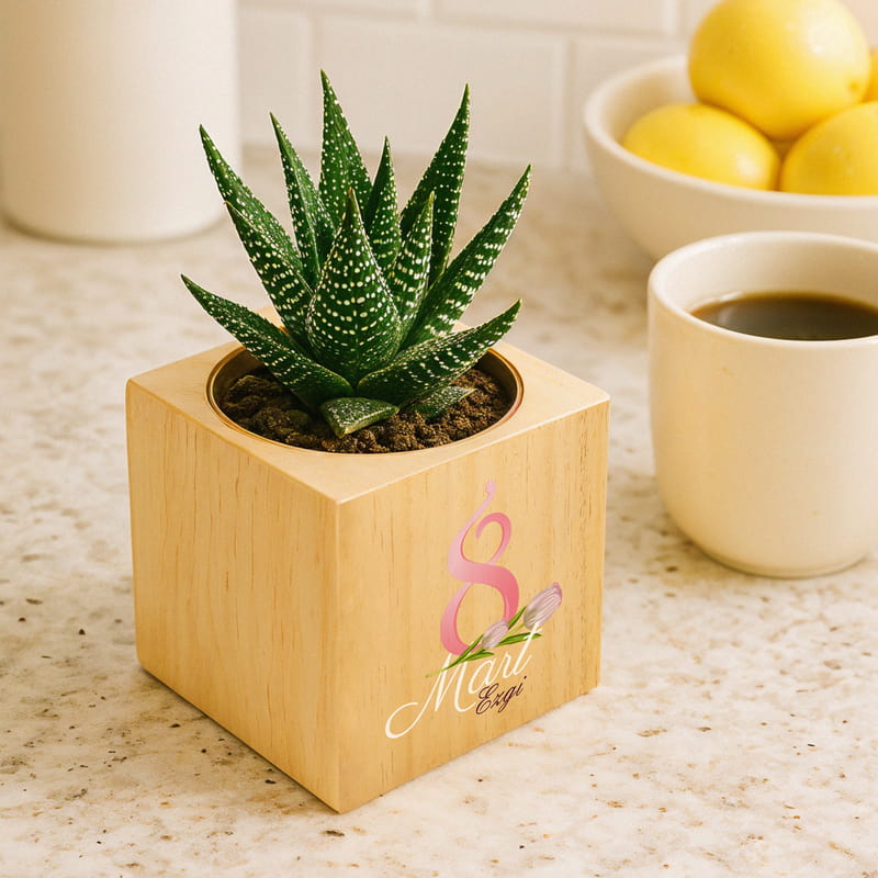 Kadınlar Günü Hediyesi İsimli Ahşap Sukulent