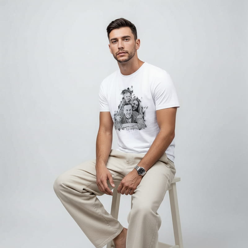 Karakalem Efektli Fotoğraf Baskılı Tişört - %100 Pamuklu Kumaş