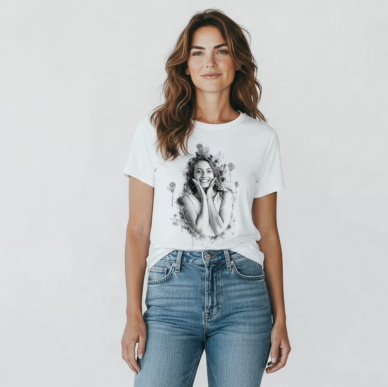 Karakalem Efektli Fotoğraf Baskılı Tişört - %100 Pamuklu Kumaş