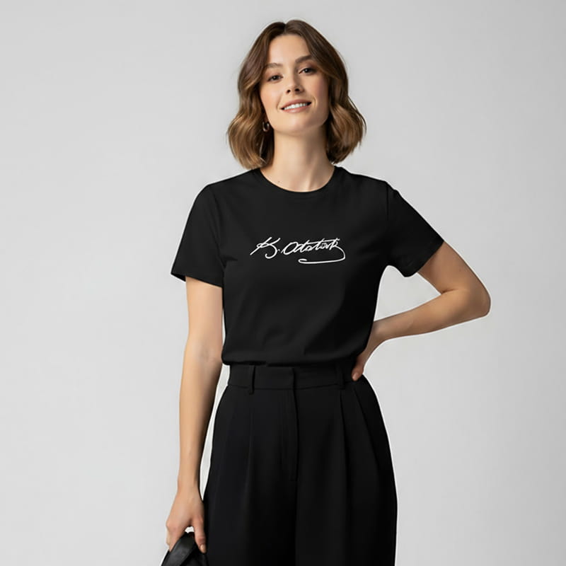 Kemal Atatürk İmzası Baskılı Tişört - %100 Pamuklu Kumaş