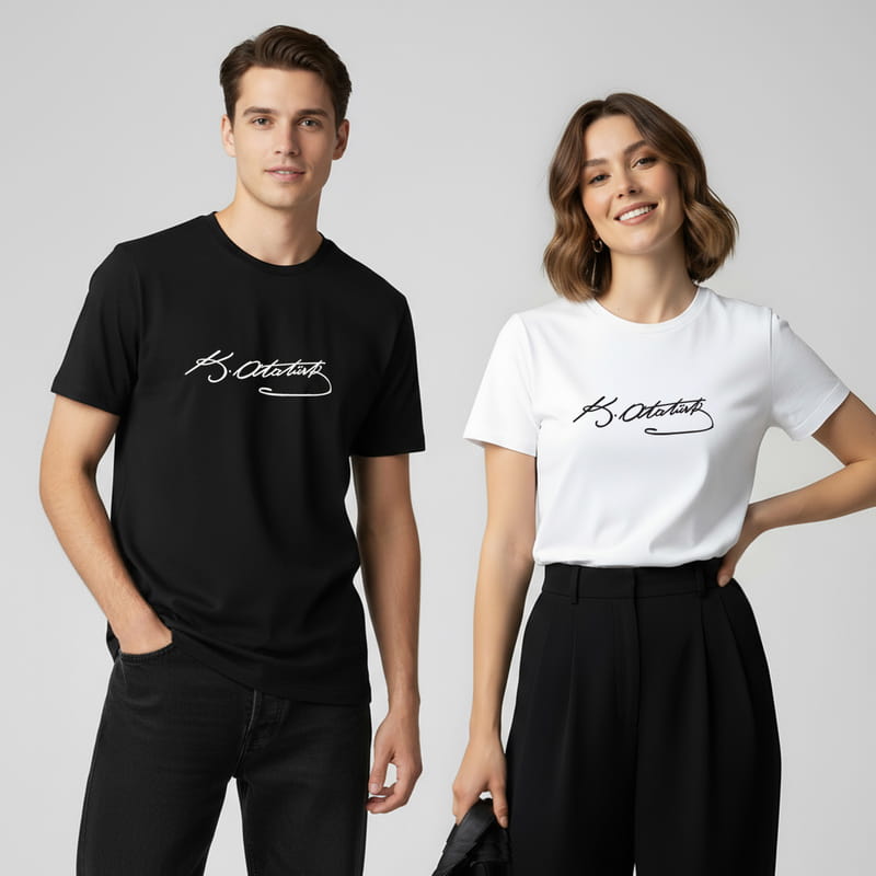 Kemal Atatürk İmzası Baskılı Tişört - %100 Pamuklu Kumaş