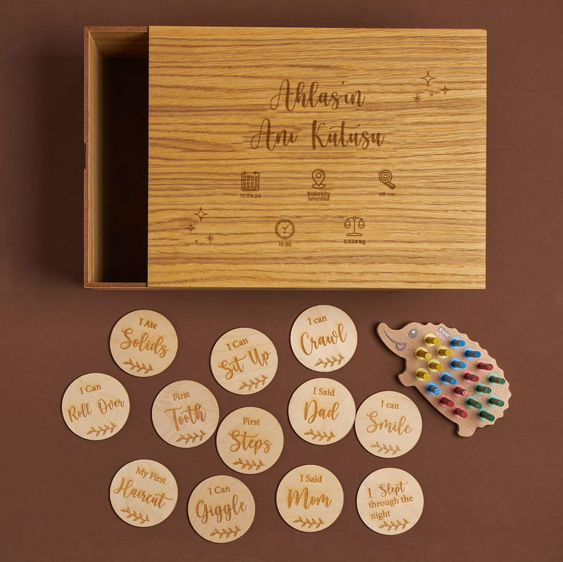 Kirpi Oyuncaklı Yeni Doğan Anı Ahşap Kutusu