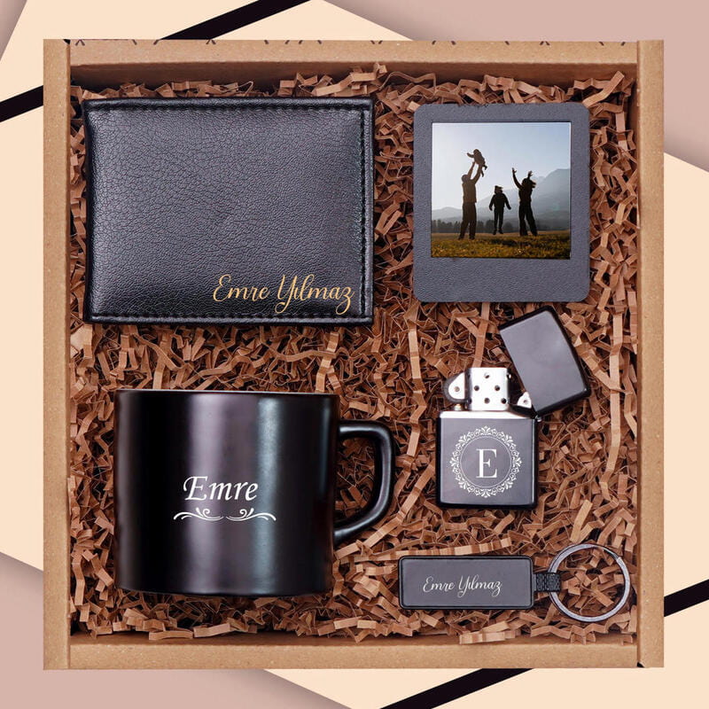 Kişiye Özel Erkek Hediye Seti Cüzdan Fincan Çakmak Anahtarlık Fotoğraf Çerçevesi Hediye Seti