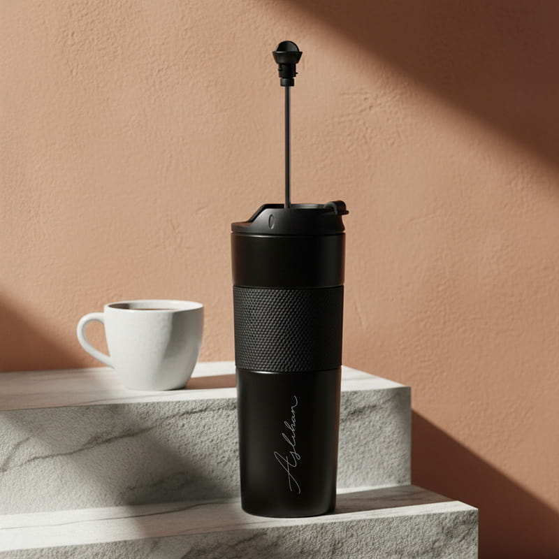 Kişiye Özel İmza Tasarımlı French Pressli Çelik Termos
