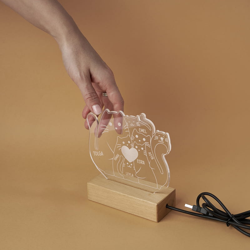 Kişiye Özel Kedi Ailesi Led Lamba