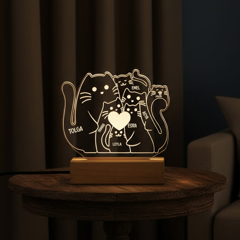 Kişiye Özel Kedi Ailesi Led Lamba