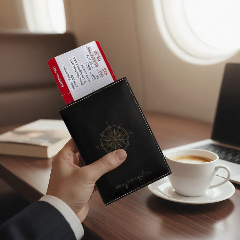 Kişiye Özel Pusula Tasarımlı Deri Pasaportluk