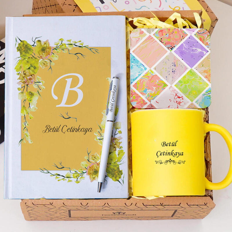 Kişiye Özel Renkli Defter Sarı Kupa Bardak Tükenmez Kalem Hediye Seti