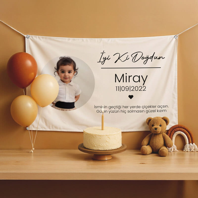 Kumaş Doğum Günü Parti Posteri - Fotoğraflı & İsimli 95 x 145 cm