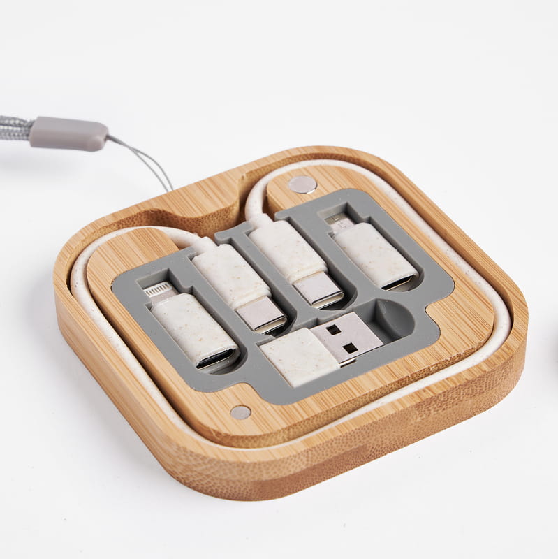 Kurumsal Logolu Bambu Çoklu Şarj Kablosu Seti