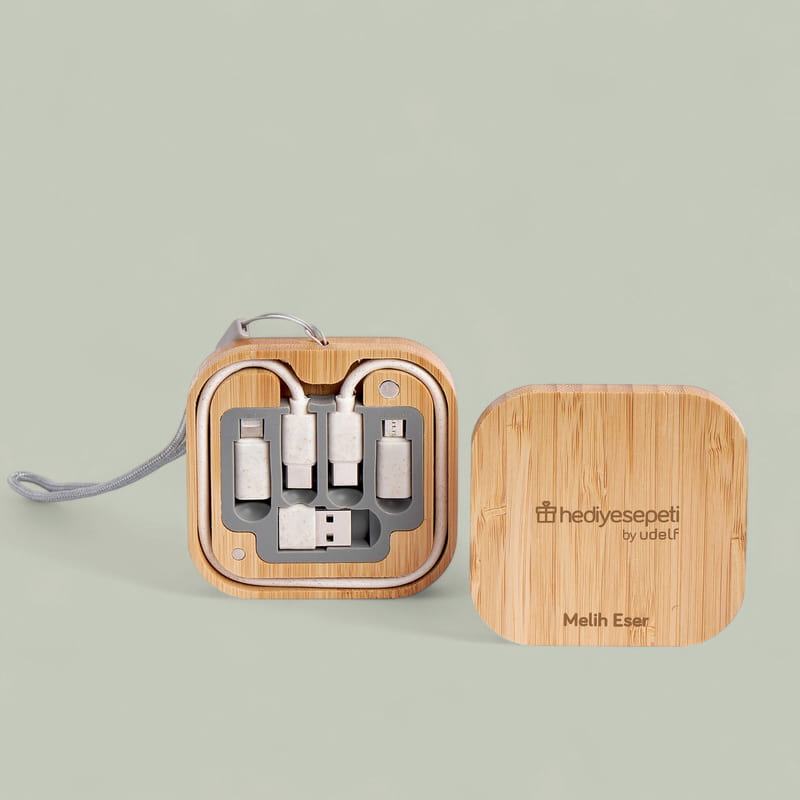 Kurumsal Logolu Bambu Çoklu Şarj Kablosu Seti