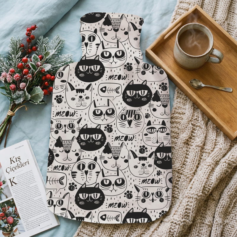 Minimal Sevimli Kedi Tasarımlı Sıcak Su Torbası