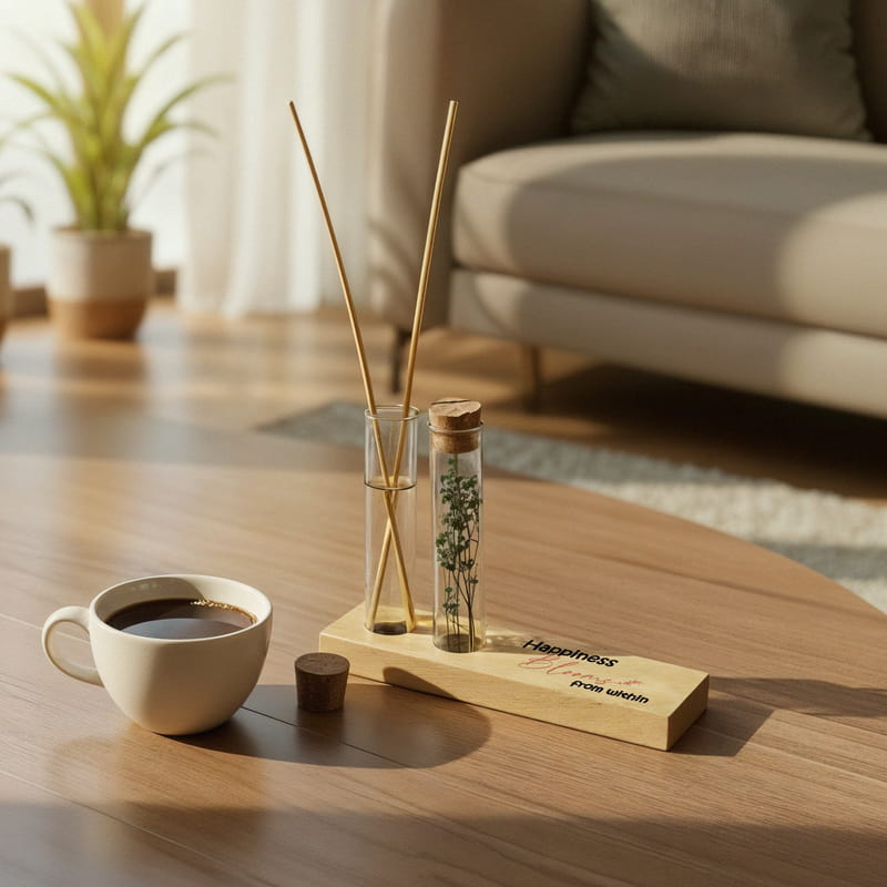 Mutluluk Mottolu Dekoratif Set - Bambu Oda Kokusu Şişesi