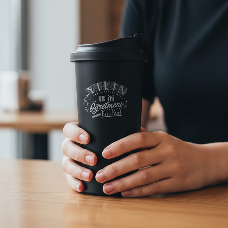 Öğretmen Eşe Hediye Mat Siyah Çelik Termos