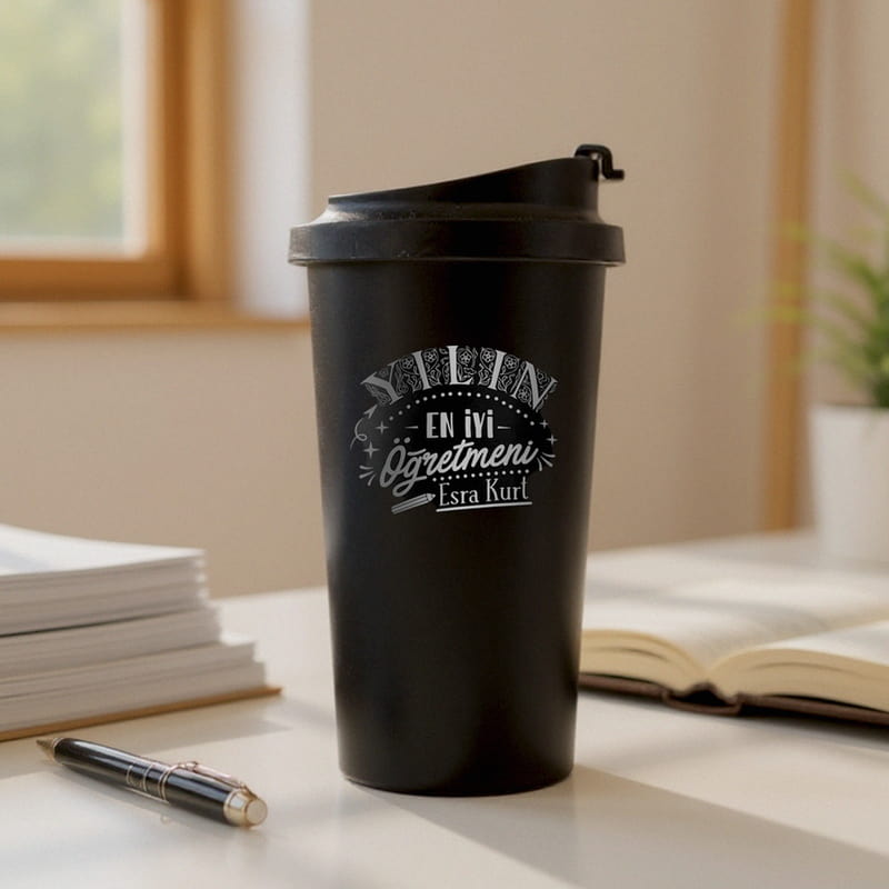 Öğretmen Eşe Hediye Mat Siyah Çelik Termos