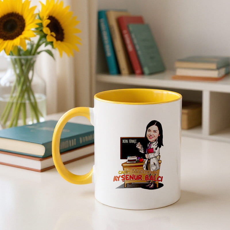 Öğretmenler Günü Hediyesi Karikatür Tasarımlı Renkli Kupa